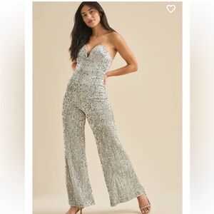 Altar'd State Silver Sequin Strapless Jumpsuit